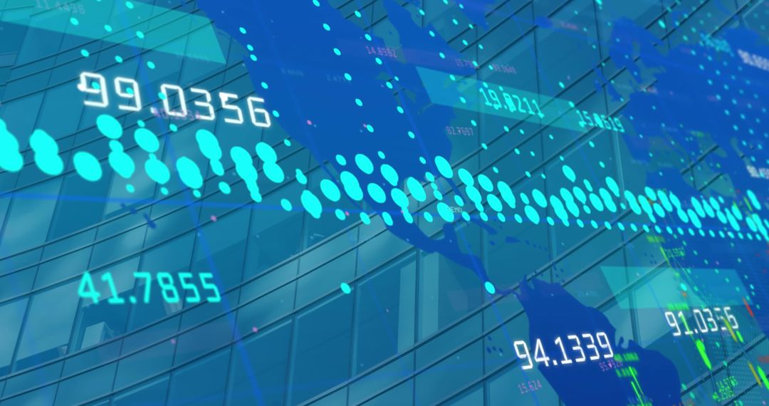 Digital Data Flow Over World Map with Tall Building Background