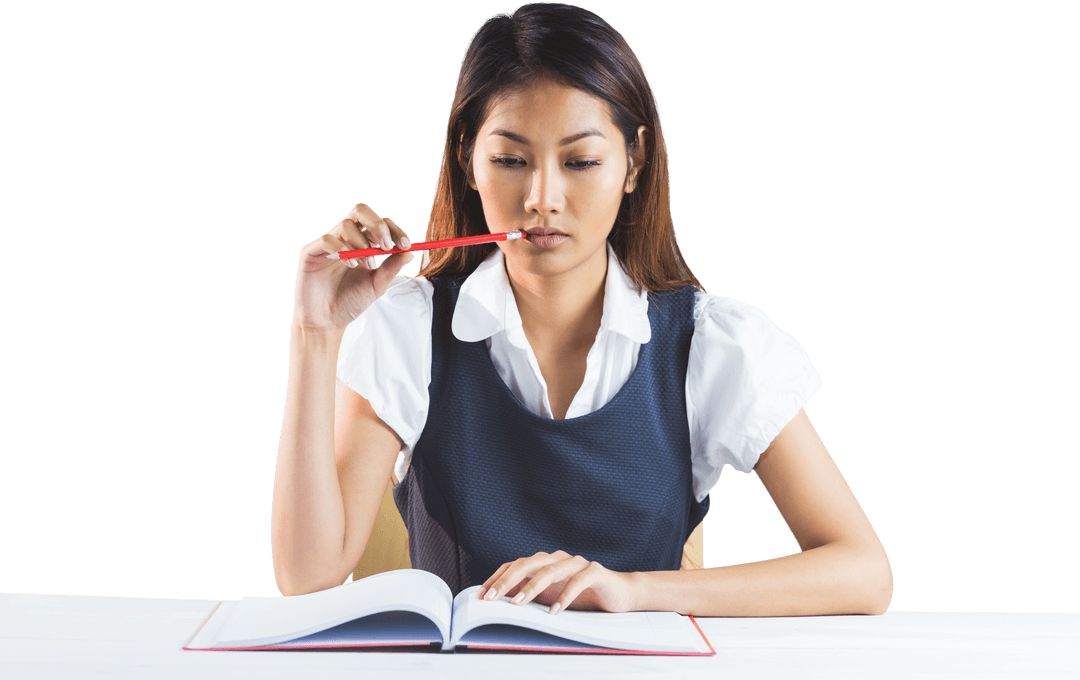 Thoughtful Student with Book on Transparent Background