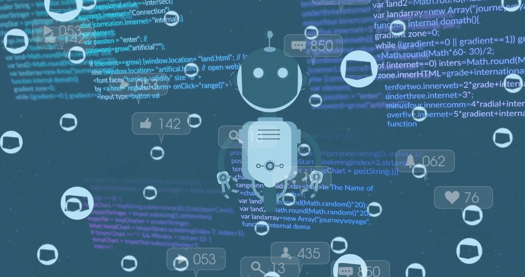 Digital Robot Over Coding Overlay with Notifications - Free Images, Stock Photos and Pictures on Pikwizard.com