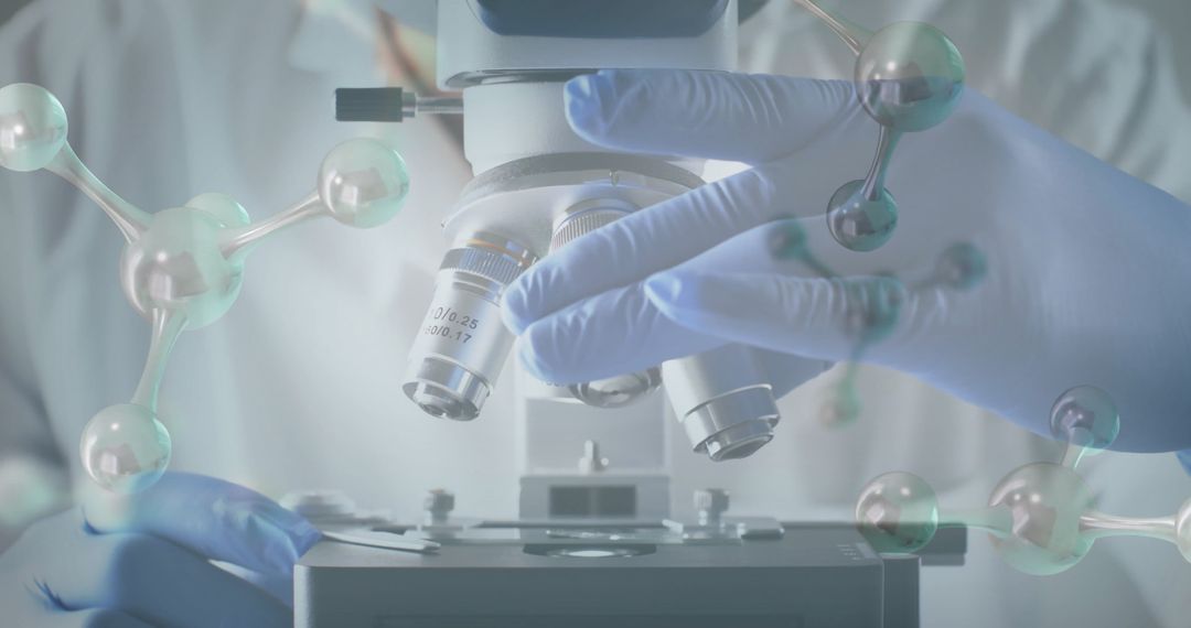 Scientist Using Microscope with Chemical Structures Overlay