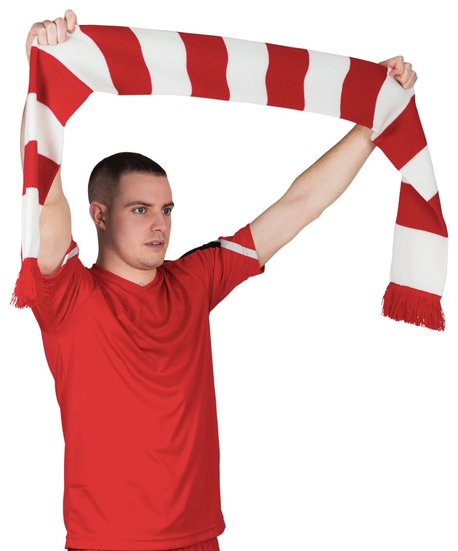 Male Football Fan Holding Red and White Striped Scarf, Transparent Background - Download Free Stock Images Pikwizard.com