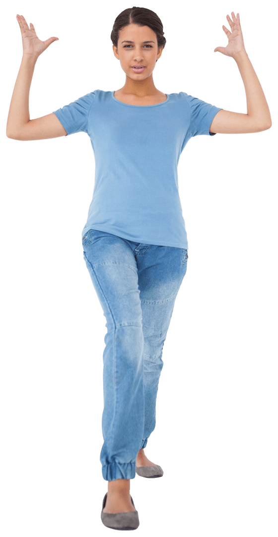 Biracial Woman Raising Hands on Transparent Background Expression Concept