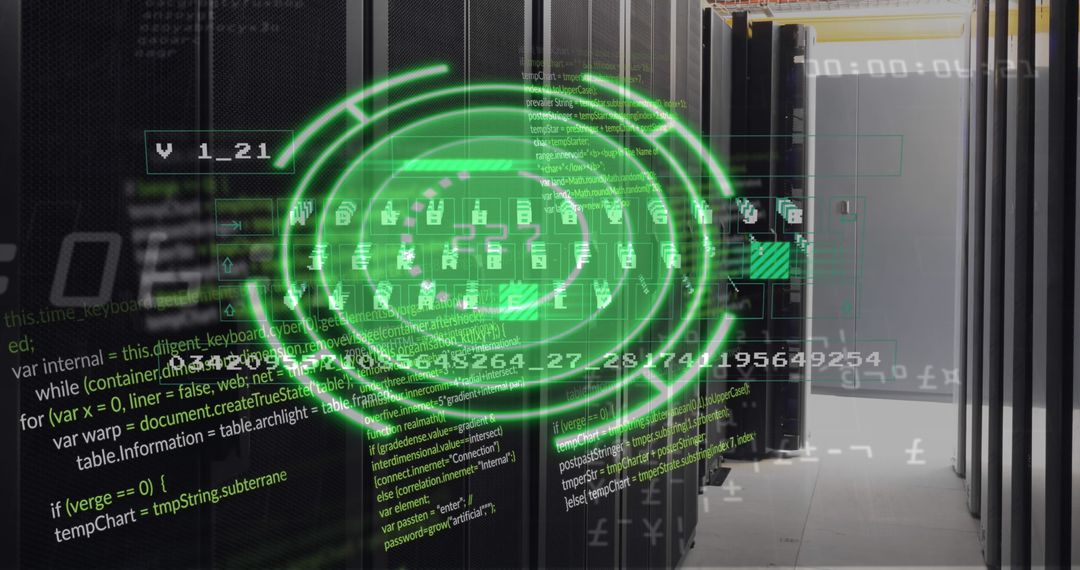 Futuristic Digital Interfaces with Data Overlays on Server Racks