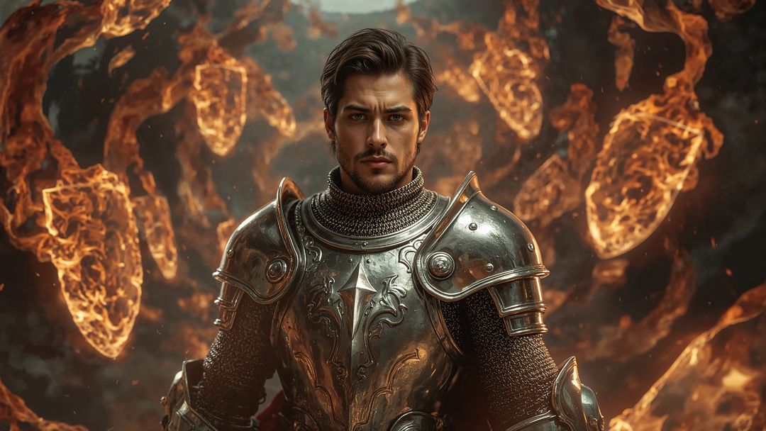 Heroic medieval knight in magnificent armor surrounded by fiery embers
