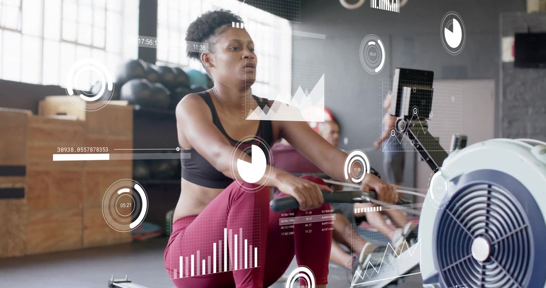 Digital Health Analytics with Woman on Rowing Machine