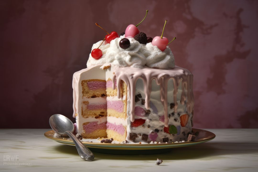 Sliced ice cream cake with icing, cream and fruits on top, created using generative ai technology - Free Images, Stock Photos and Pictures on Pikwizard.com