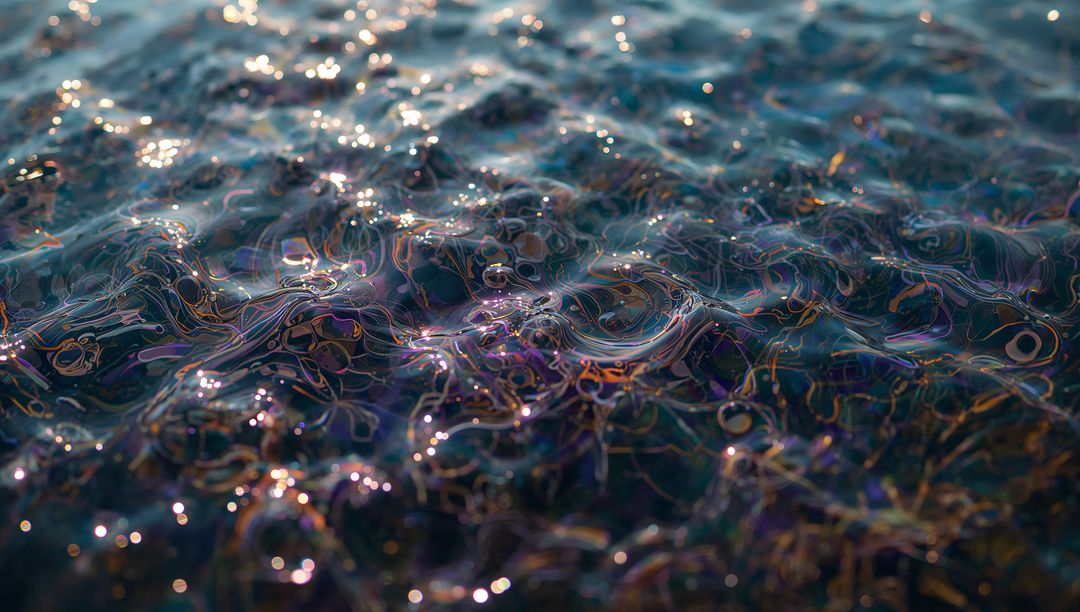 Iridescent Water Surface Glimmering with Micro-Waves, Rainbow Reflections and Bokeh