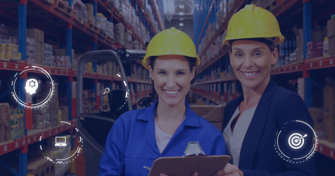 Women Supervising Warehouse Operations Wearing Hard Hats and Checking Inventory