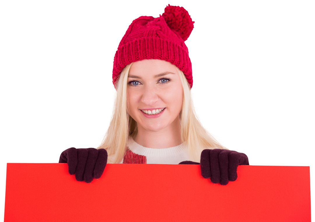 Smiling Woman in Winter Hat Holding Transparent Red Banner