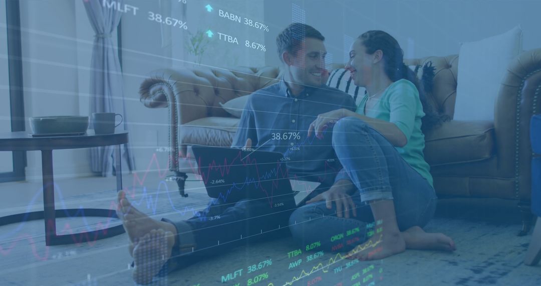 Couple Analyzing Stock Market Finances at Home with Technology Overlay