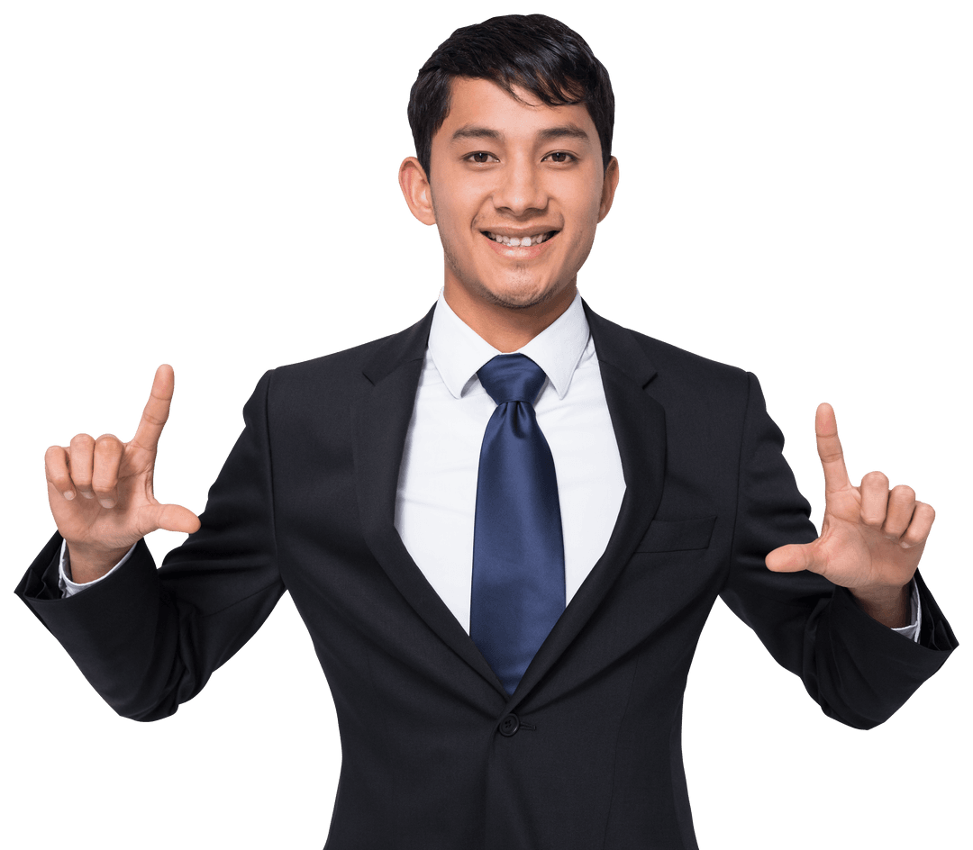 Happy Biracial Businessman Pointing Upward on Transparent Background