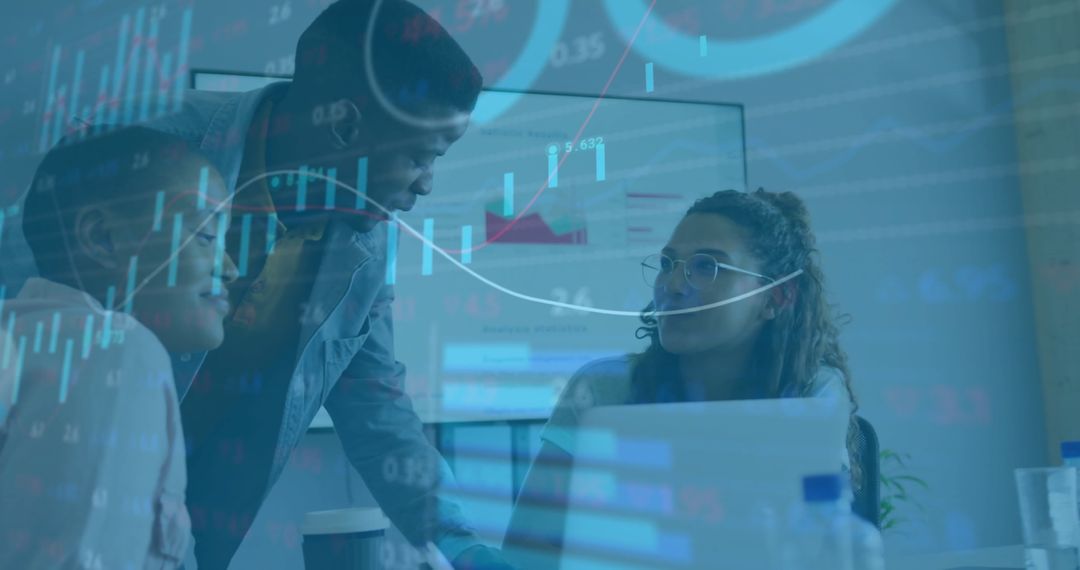 Team Collaborating on Financial Analysis with Data Visualization Overlays