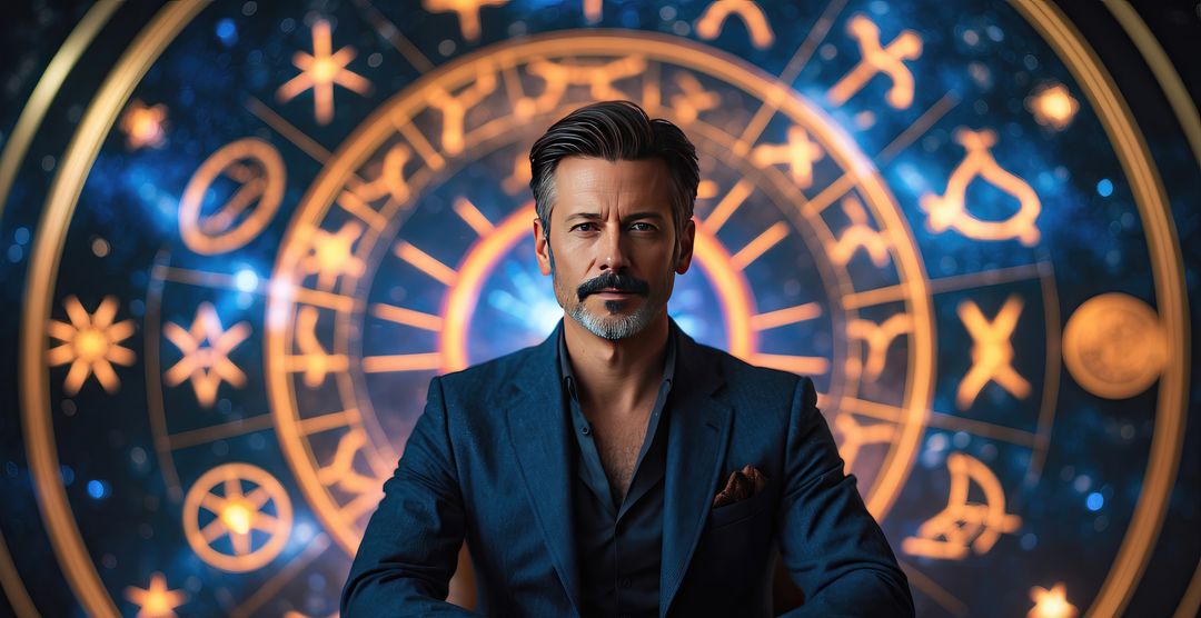 Astrology Expert Posing Confidently with Illuminated Zodiac Wheel