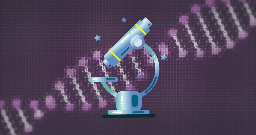 Microscope Icon Over DNA Strand on Purple Background