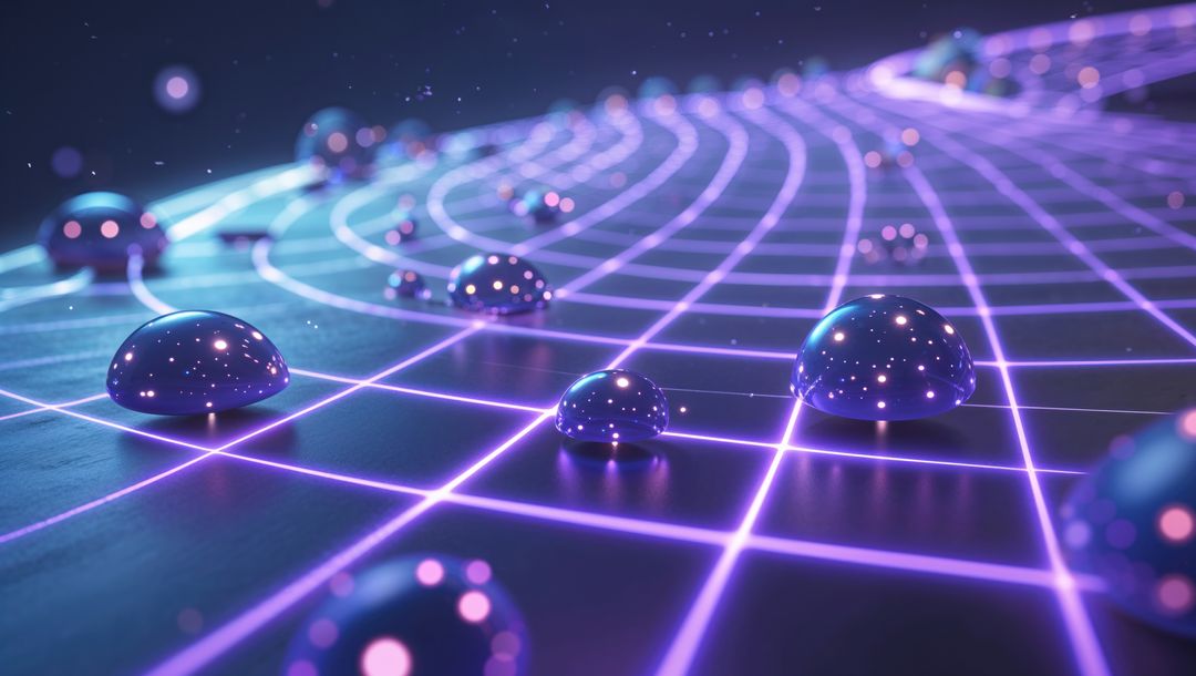 Futuristic Reflective Droplets on Neon Grid