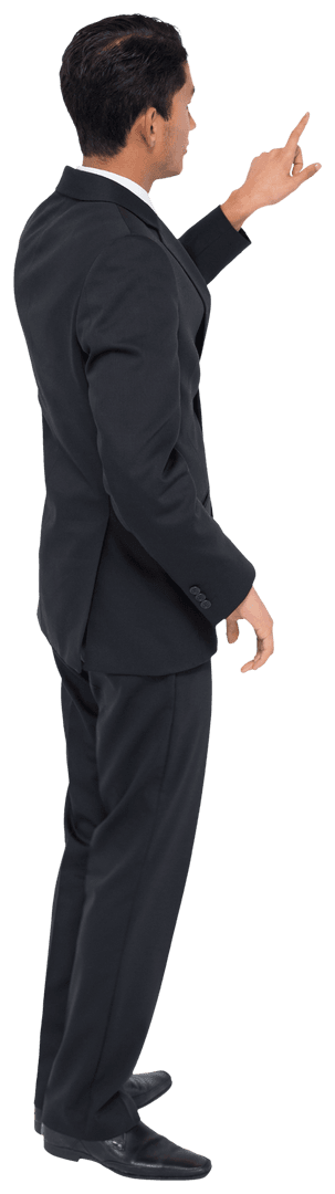 Transparent Biracial Businessman Pointing in Suit Profile View
