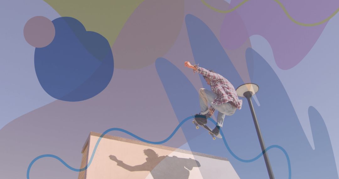 Skateboarder in Action with Overlaying Abstract Shapes and Colors