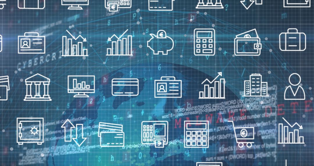 Financial Icons and Data Processing Overlay Digital Finance Concept