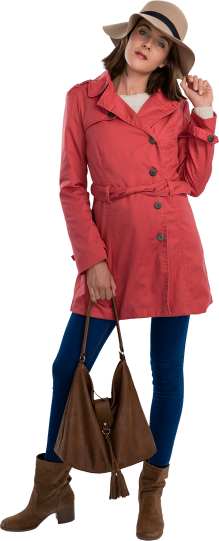 Stylish Woman in Red Jacket with Brown Accessories Transparent Background