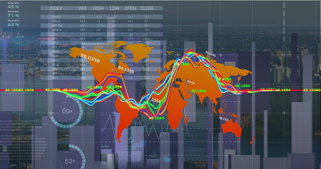 Global Data Visualization on World Map Over Cityscape