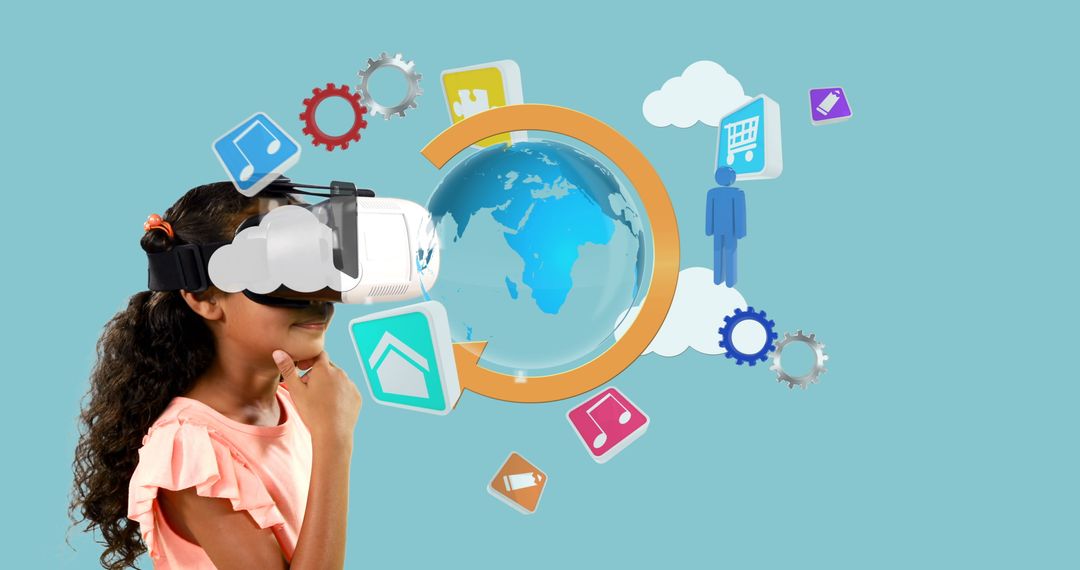 Young Girl Immersed in Virtual Reality Interactions with Digital Icons