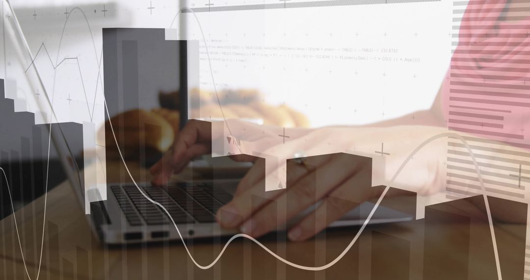 Typing Hands with Financial Data Overlay on Laptop for Remote Work and Analytics