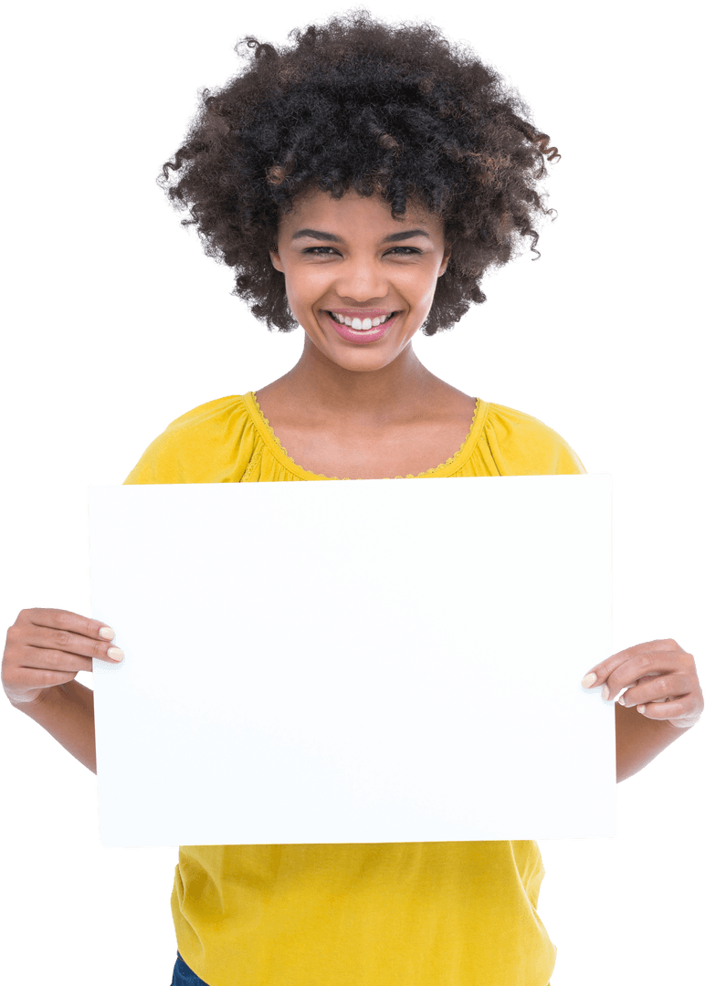 Smiling Woman Holding Transparent Blank Sign for Custom Message