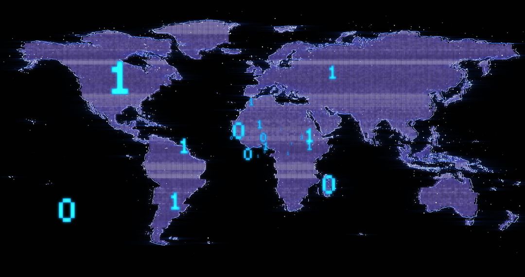 Binary Code Flow Over Digital World Map