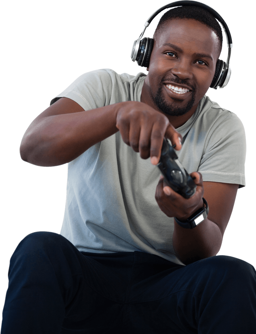 Smiling Man Enjoying Gaming with Headphones on Transparent Background