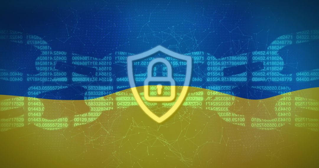 Cybersecurity Shield with Binary Code over Ukrainian Colors