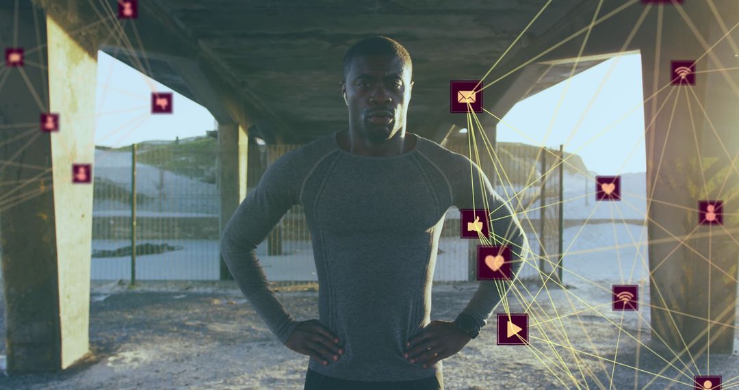 Fit Man Taking Break from Running with Digital Icons Overlay