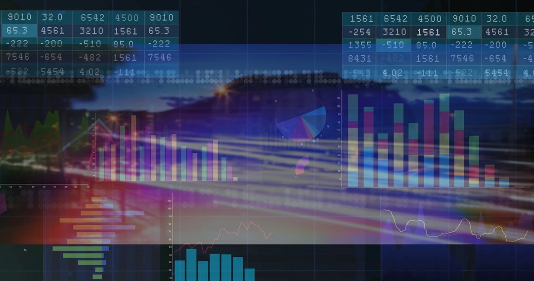 Digital Charts Over Night Cityscape Symbolizing Financial Analytics