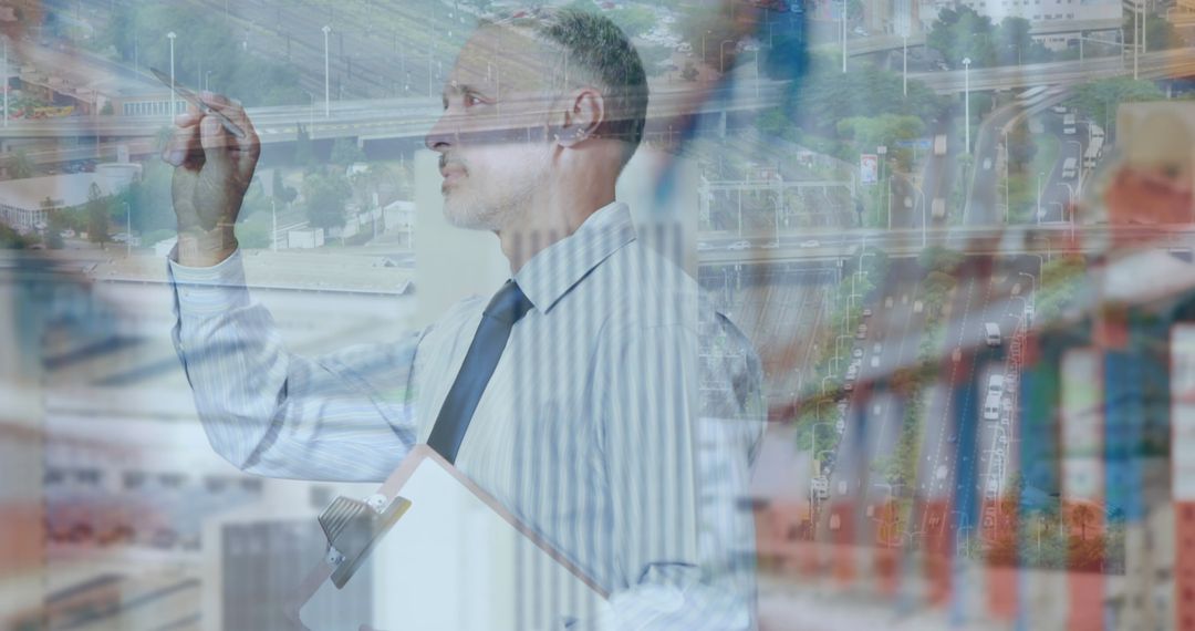 Businessman Analyzing Global Shipping Trends with Digital Overlay