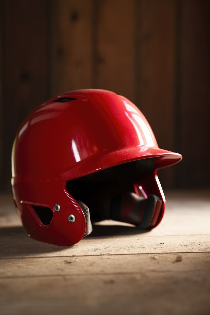 Red Baseball Helmet on Wooden Surface with Dim Lighting - Free Images, Stock Photos and Pictures on Pikwizard.com