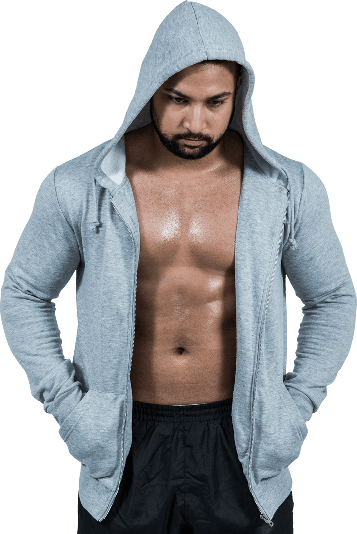 Muscular Man in Gray Hooded Jumper with Jacket Open Transparent