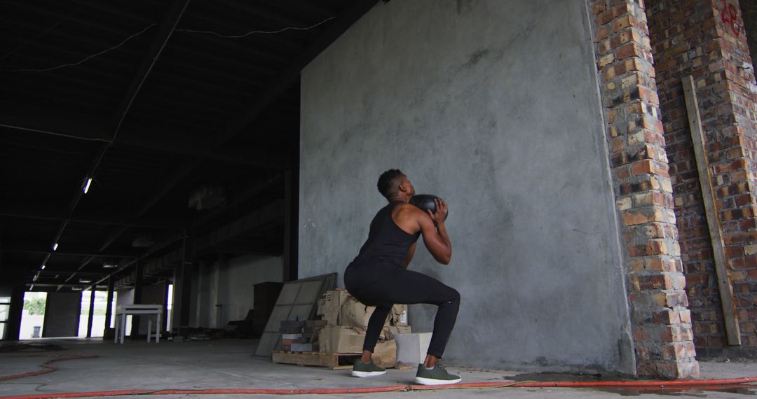 Focused Man Exercising with Medicine Ball in Industrial Building - Free Images, Stock Photos and Pictures on Pikwizard.com