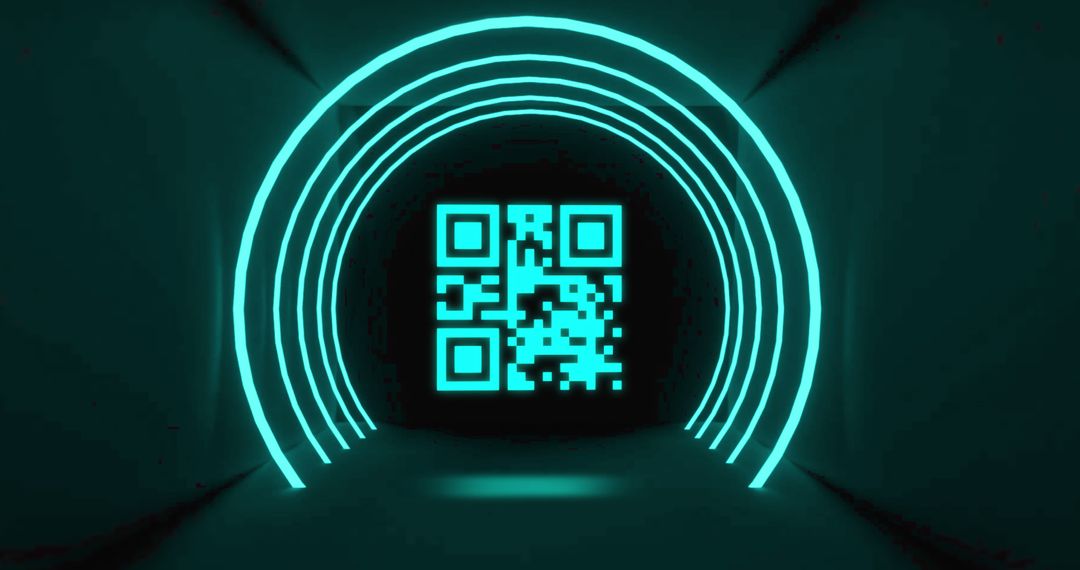 Flickering Green QR Code with Neon Circles in Digital Tunnel