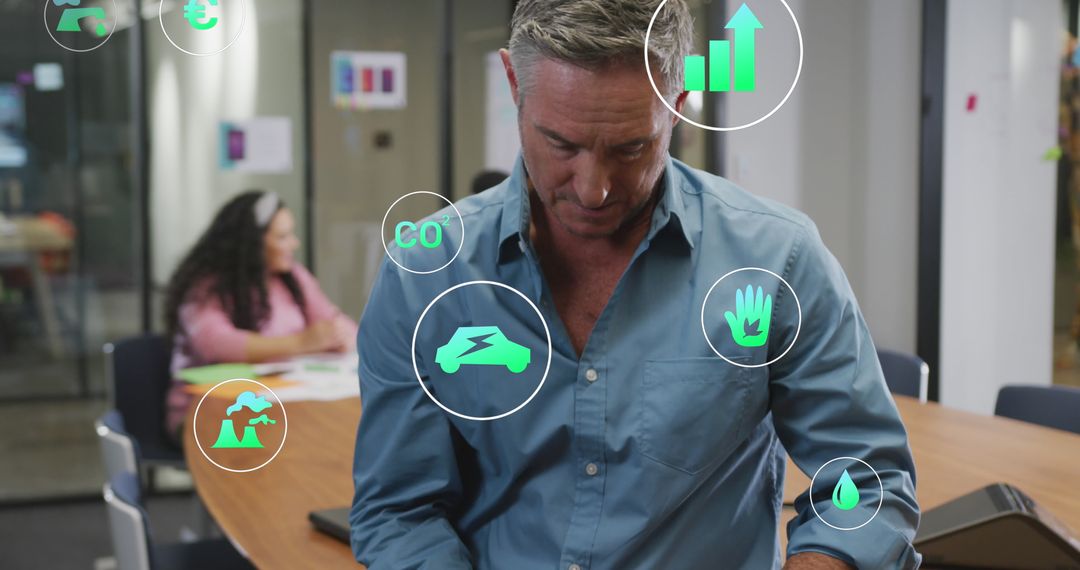 Senior Investor Analyzing Virtual Business Applications in Modern Office