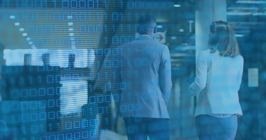 Business Colleagues Discussing Cybersecurity in Office with Digital Overlay