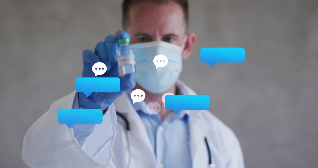 Doctor Holding Glass Vial with Digital Healthcare Chats