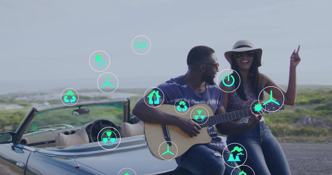 Couple Enjoying Convertible Ride with Sustainability Symbolism