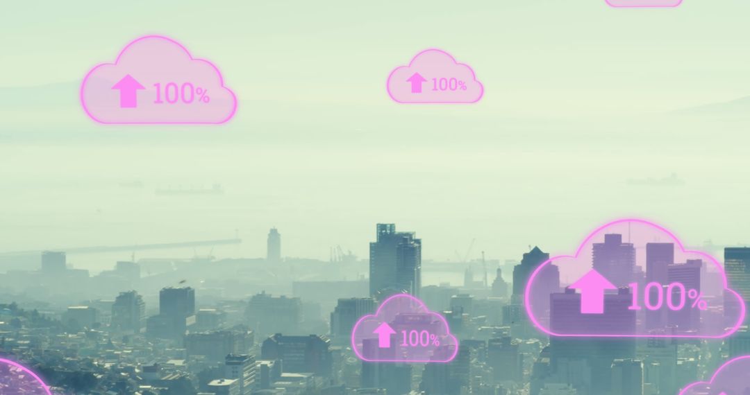Digital Cloud Icons with Uploading Numbers Above City Skyline