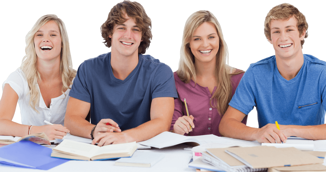 Smiling Students Studying Together, Transparent Background