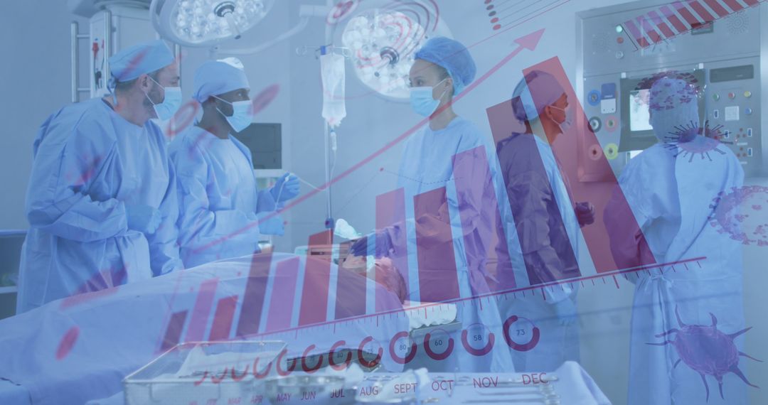 Surgical Team in Operation Theater Analyzing Medical Trends Overlay