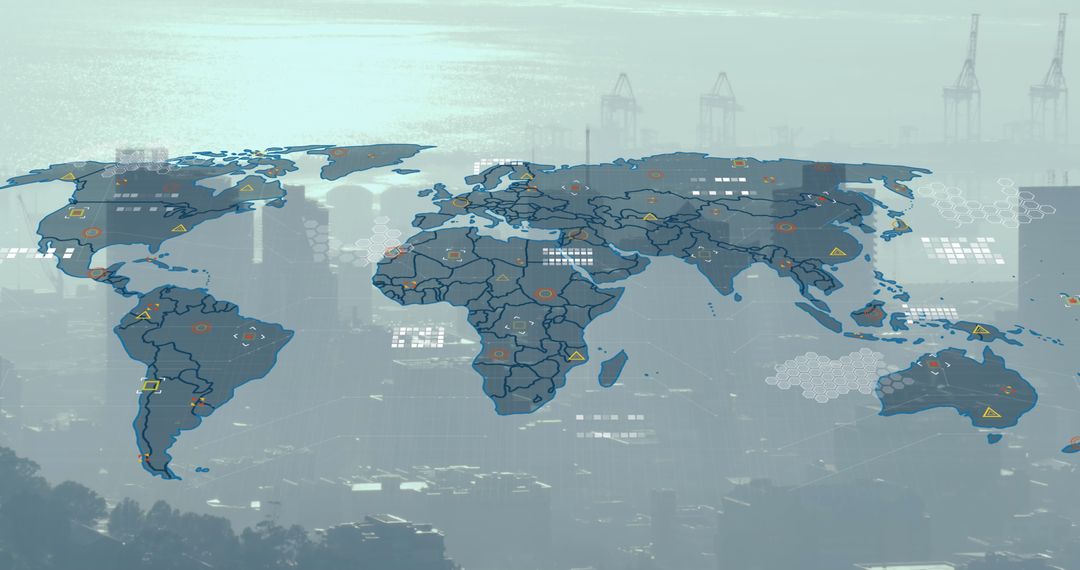 World Map with Digital Business Icons In Cityscape