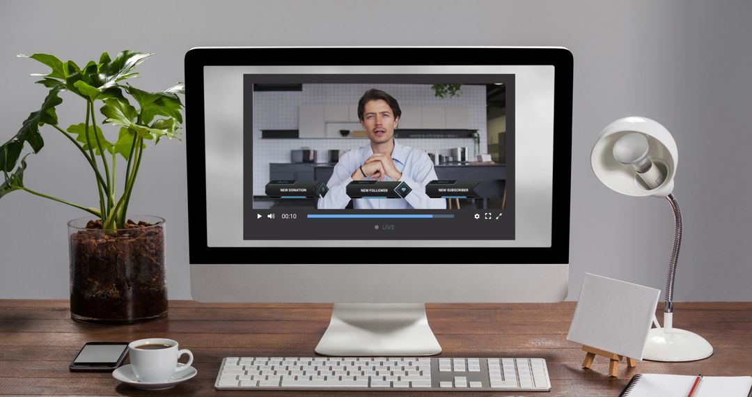 Man Streaming at Home Office, Laptop with Coffee on Wooden Desk Surface