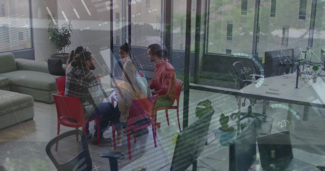 Collaborative Meeting with Digital Data Visualization in Modern Office