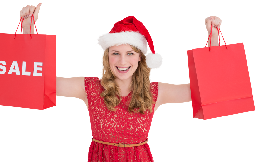 Joyful Woman Holding Sales Bags in Santa Hat on Transparent Background - Download Free Stock Images Pikwizard.com