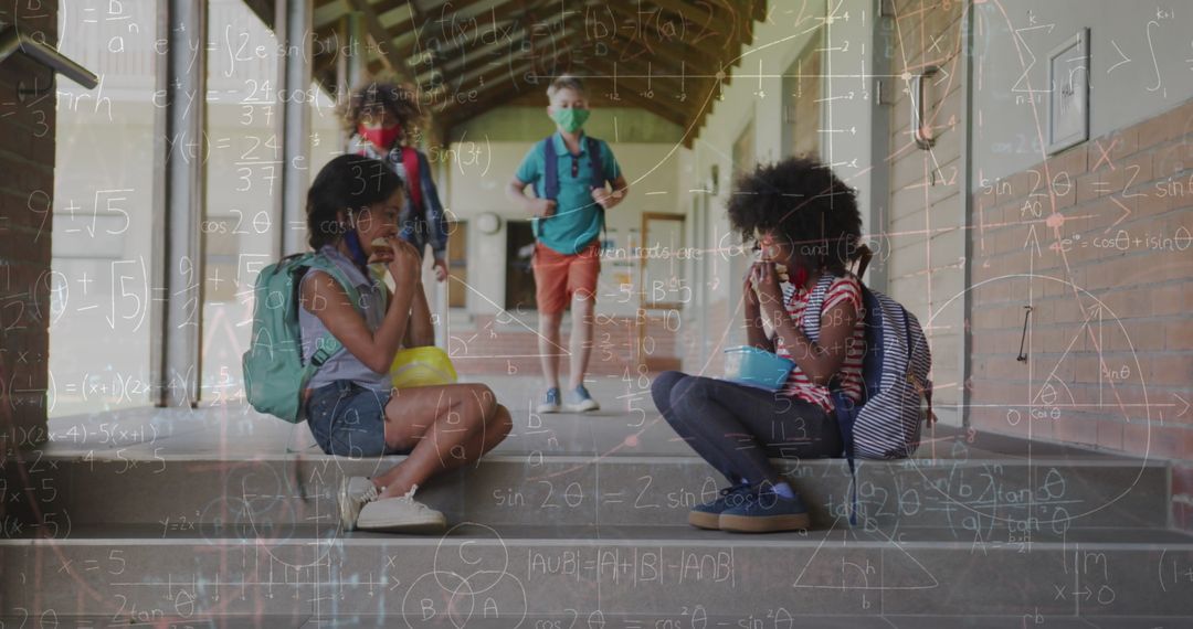 Schoolchildren Wearing Masks Surrounded by Mathematical Equations