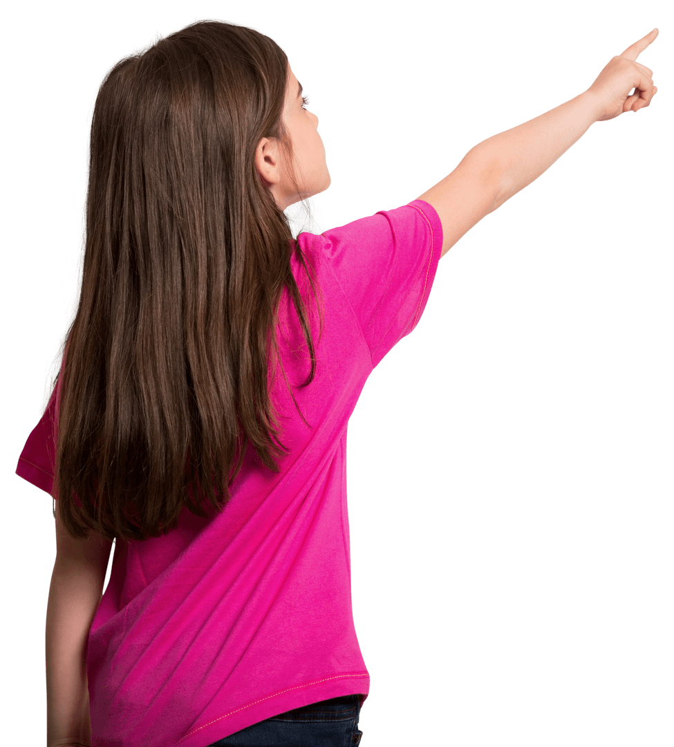 Young Girl Pointing Upwards on Transparent Background